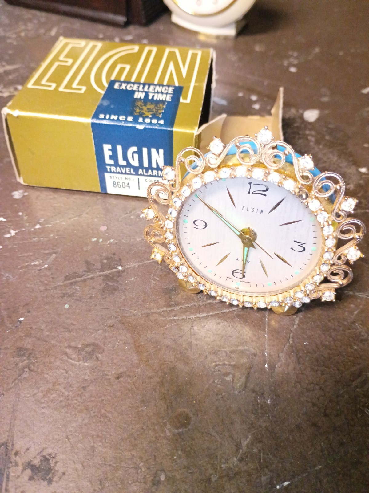 Vintage Elgin Rhinestone Alarm Clock Wind Up❗ Style 8604 New In Box! photo