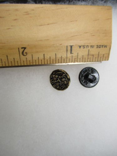 Vintage Lot 2 black gold cast glass buttons floral clover design .5" round - Picture 5 of 5