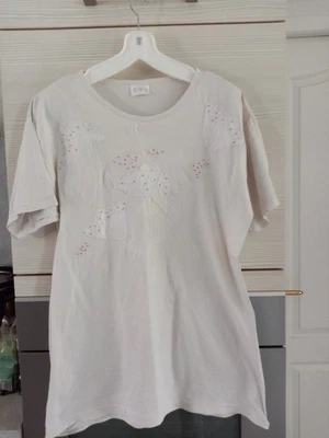 Tee shirt blanc femme taille 40/42 100% coton brode fleurs - Photo 1/4