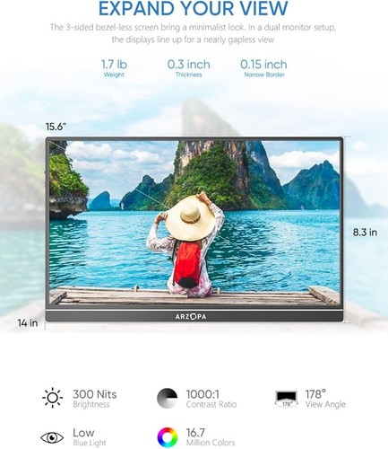 ARZOPA PORTABLE MONITOR - MODEL: S1 TABLE - 15.6'' 1080P FHD PLUG & PLAY USB C - Bild 2 von 5