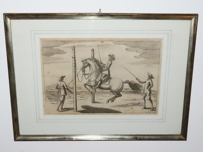 Copperplate engraving ''Cavalier on a horse in a riding school'' Peter Troschel!