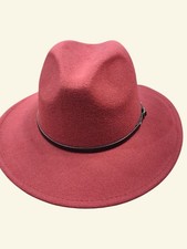 Burgundy Wide Brim Fedora Hat Felt Unisex Boho Western Flat Crown Belt Buckle