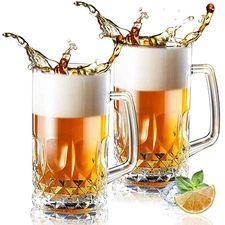 2 Large 32 oz Heavy Duty Thick Glass Beer Mugs For Freezer With Handle Clearance