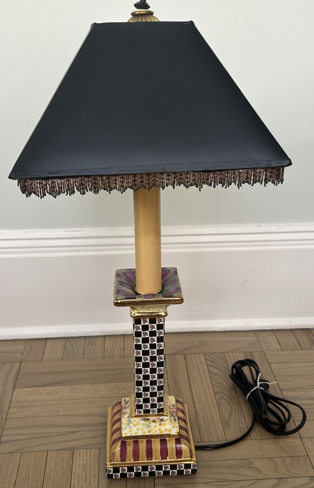 Rare Mackenzie Childs Torquay Ceramic Candlestick Lamp w/Beaded Shade & Finial