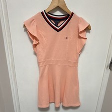 Tommy Hilfiger Girls Peach Fit Flare Dress Size 7 Flutter Sleeve V-Neck Ruffle