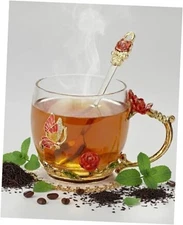  Glass Tea Cups Set with Spoon, Coaster- 3D Red Flower Butterfly Coffee Mugs- 