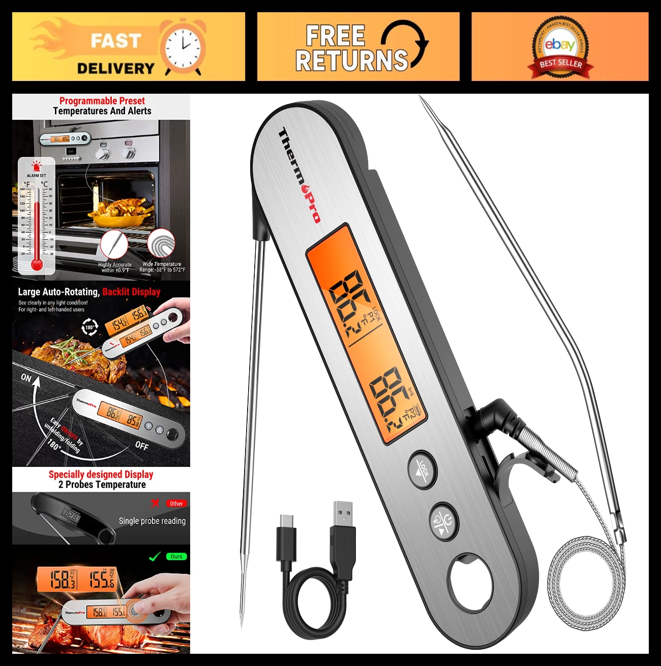 Digital Meat Thermometer, Instant Read Cooking Thermometer, Waterproof BBQ Therm