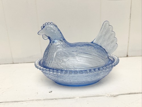 Vintage Indiana Glass Hen on Nest Light Ice Blue Covered Candy Dish ...