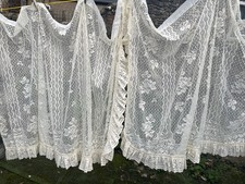 Pair Vintage Frilly Bistro Style Net Curtains Cream Lacy W70” D42” (B56