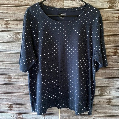 LL Bean Women's Short-Sleeved Top Size 1X Plus Navy Blue White Polka-Dot