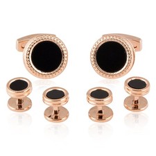 Rose Gold Black Onyx Cufflinks and Studs Formal Set with Presentation Gift Box