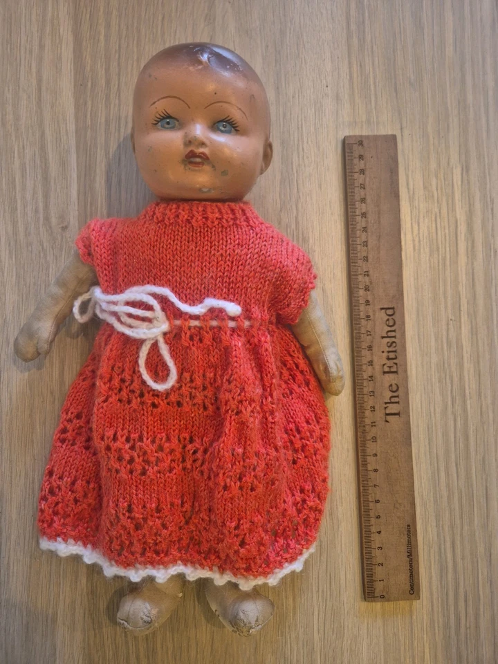 Antiga cabeça de boneca celulóide alemã dos anos 1930 e 40 - corpo de pano de pano bebê menina - Imagem 4 de 4