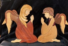Hand crafted 3D Intarsia Wood Art Kneeling Angels Leo Waggal