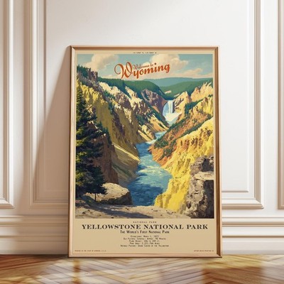 Yellowstone National Park Wyoming Canyon Waterfall Vintage Travel Wall Art