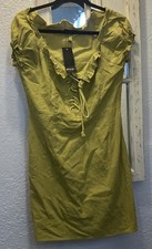 Nasty Gal Green Solid Square Neck Puff Sleeve Lace Up Ruffle Dress 8