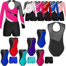 Girls Long Sleeve Gymnastics Leotards Athletic Shorts Sets Biketard Dance Outfit