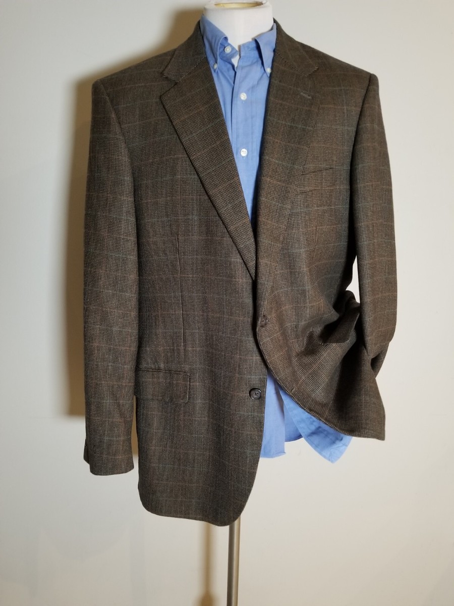 44L Orange Brown Blue Tooth Check Tweed LambsWool Sport Coat
