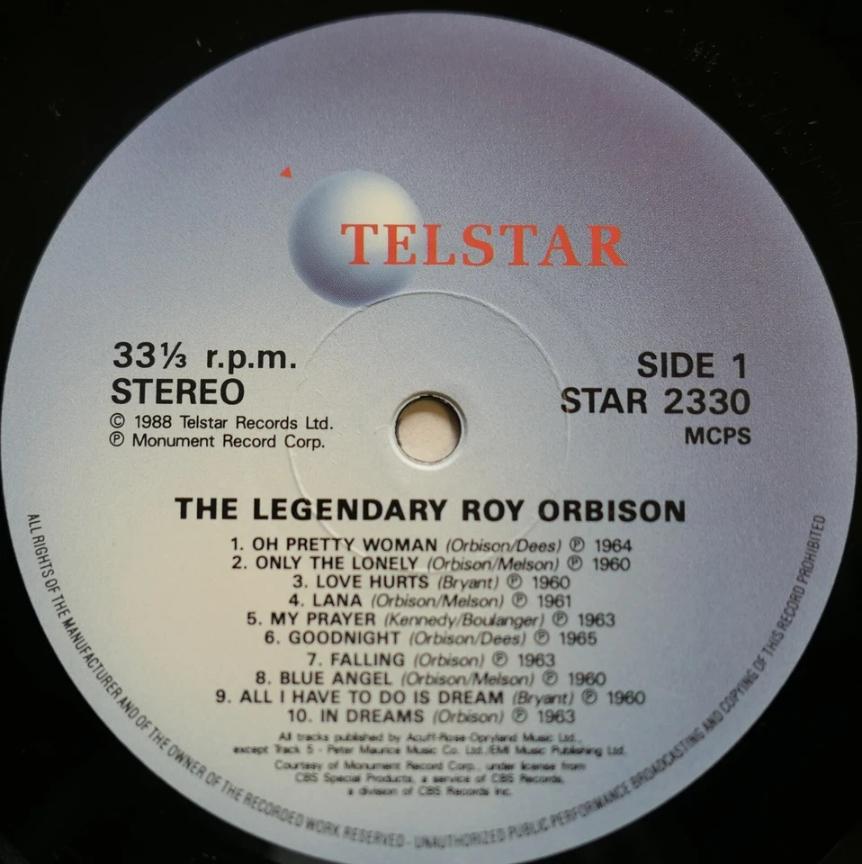 Roy Orbison Greatest Hits 1988 NM Vinyl Telstar STAR 2330 - Image 2 of 4