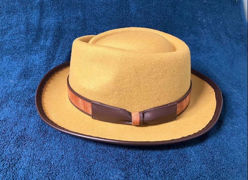 Classic Wide Brim Fedora Hat in Dark Yellow Felt with Faux Leather Trim-image