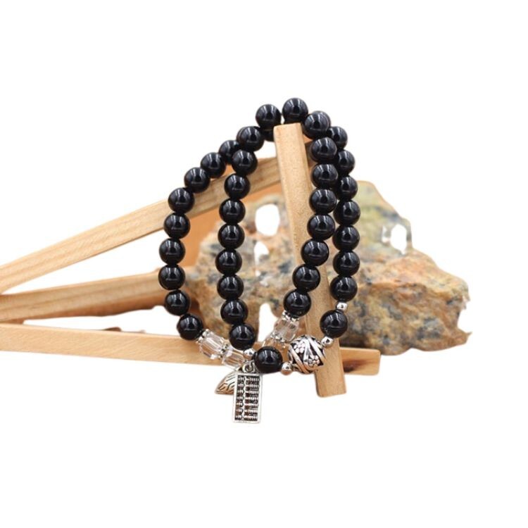 Natural Black Onyx Bead Bracelet with Silver Abacus Pendant for Luck-image
