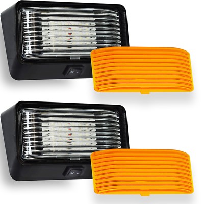2 Black RV LED Porch Light rectangle clear amber lens camper RV trailer w/switch