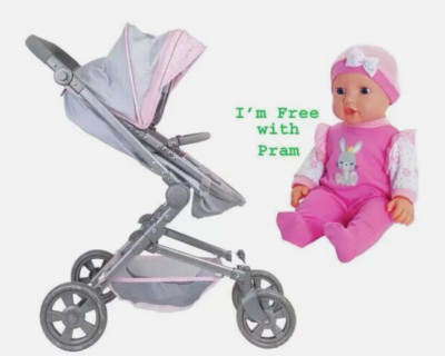 Tiny Treasures Faltbarer Puppenwagen Geeignet für 17 Zoll (44cm) Höhe + Gratis Puppe