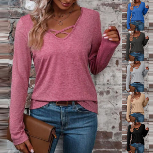 Women Criss Cross T-Shirt Tunic Tops Long Sleeve Ladies Casual Loose Blouse Tee