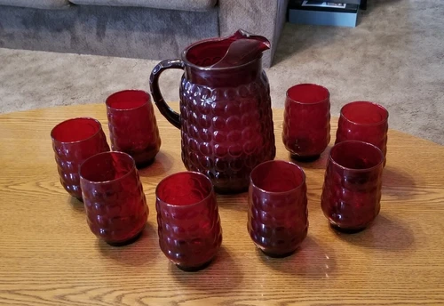 Vintage Royal Ruby Red Bubble Glass Pitcher w/ 8 Tumblers Anchor Hocking