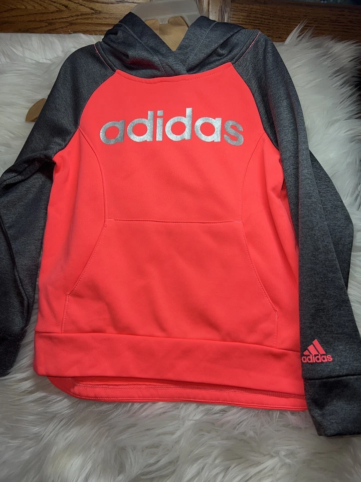 Adidas Girls Hoodie size 6 big front Pocket orange neon and gray - Image 2 of 4