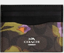 *COACH*(CL468)~Slim ID Card Case Signature Canvas W/Rose Print Brown/Iris Multi