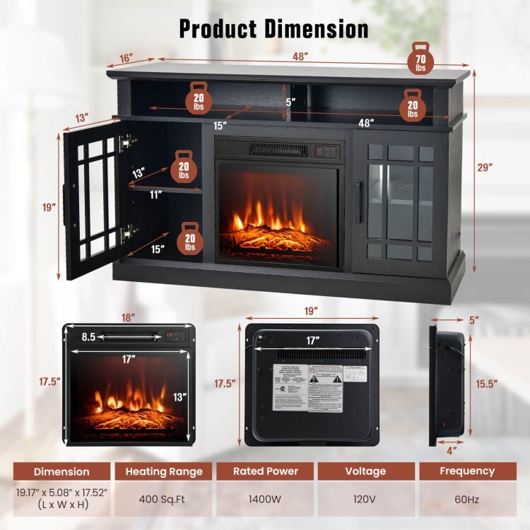 48" Classic Fireplace TV Stand W/ 1400W Electric Fireplace TVs up to 50" Cabinet