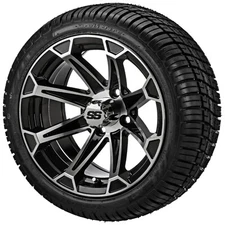 (4) Golf Cart 215/35R12 Deli Radial Tires on 12x7 Black/Machined Viking Wheels