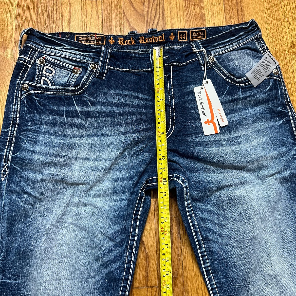 Rock Revival Jeans Mens 44X32 Baxter Straight Whiskers Distressed 