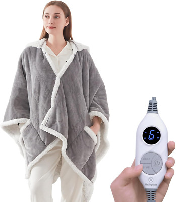 Cozy Wearable Heated Throw Blanket with Pockets, 6 Heat Levels, Light Grey