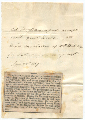 1857 Colonel William Davenport 3rd Person Acceptance of Invitation
