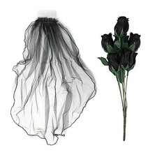 Artificial Handheld Black Gothic Rose Flowers  Black Veil - Day of the Dead