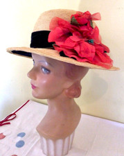 60s 70s Vintage Straw Hat with Large Red Flower