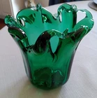 MURANO STYLE ART GLASS GREEN VASE/BOWL- 5" X 5"
