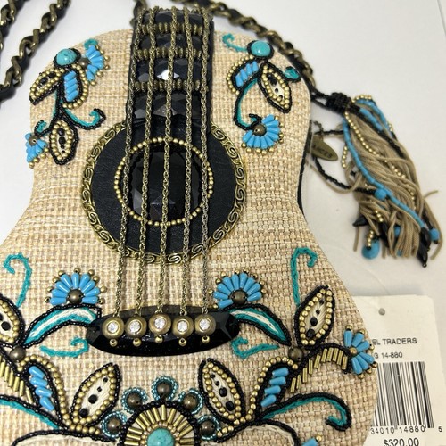 Mary Frances Unplugged Cream Woven and NWT Turquoise Beaded Guitar Bag *RARE - Picture 3 of 23
