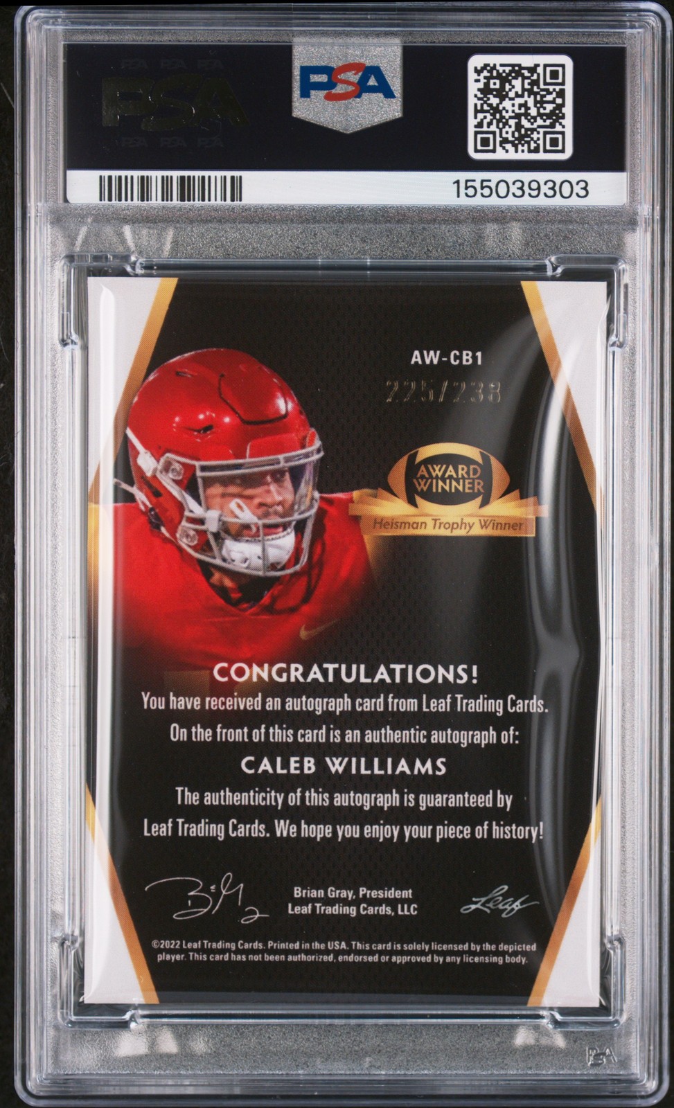 2022 LEAF AWARD WINNER AUTOS #CB1 CALEB WILLIAMS 225/238 PSA 9 AUTO view 2