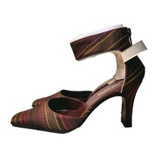 Coup D'Etat High Heels Size 7.5 Striped Fabric Square Toe Vintage Ankle Strap