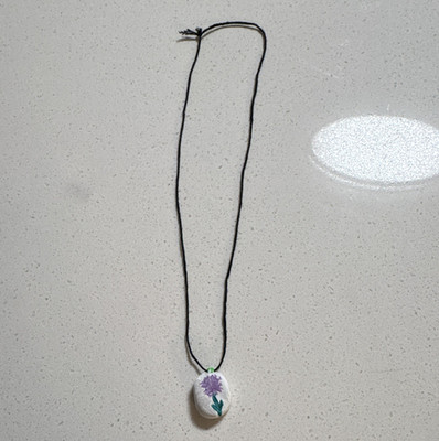 Hand Painted Oval Stone Charm Pendant Necklace on Black Cord, Purple Flower Art