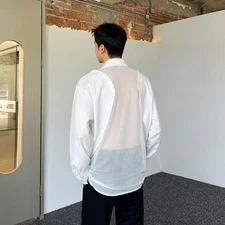 Hot Mens Mesh Patchwork Shirt See Through Top Stage Youth Street Party Blouse