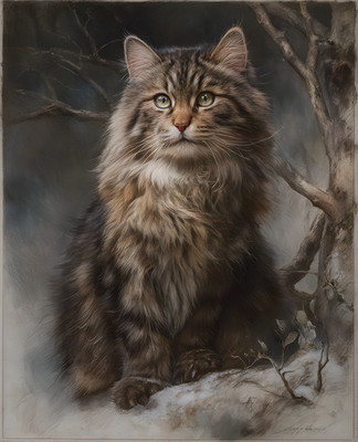 8x10 Cozy Storybook Cat Sitting in Snowy Landscape Art Print - 387149396