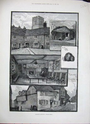 Original alter antiker Druck 1887 Cobham Kent Lederflasche Inn College Pickwick