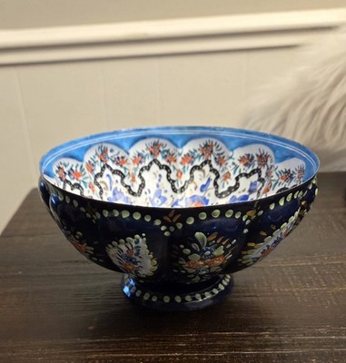 Persian Hand Painted Enamel Decorative Bowl Metal Islamic Floral Art Boho