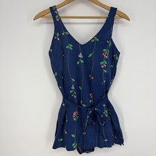 Vtg Maxine Of Hollywood Swim Dress 16 USA Blue Floral Cottage Boho Heritage