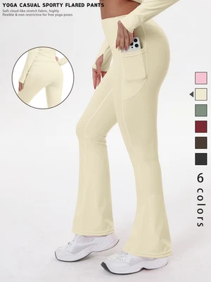 Leggings Yoga Bell-Bottom Taille Haute S-XL Contrôle Du Ventre Poches - Photo 1/4