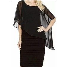 Adrianna Papell Size 12 Black Tiered Dress Sheer Cape Overlay Party Cocktail