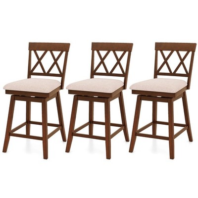 24'' Bar Stool Wooden Chair Set of 3 w/Contoured Backrest Swivel Padded Seat
